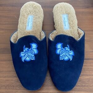 Sarah Flint x Yves DeLorme like new Navy Slippers with Blue Embroidery